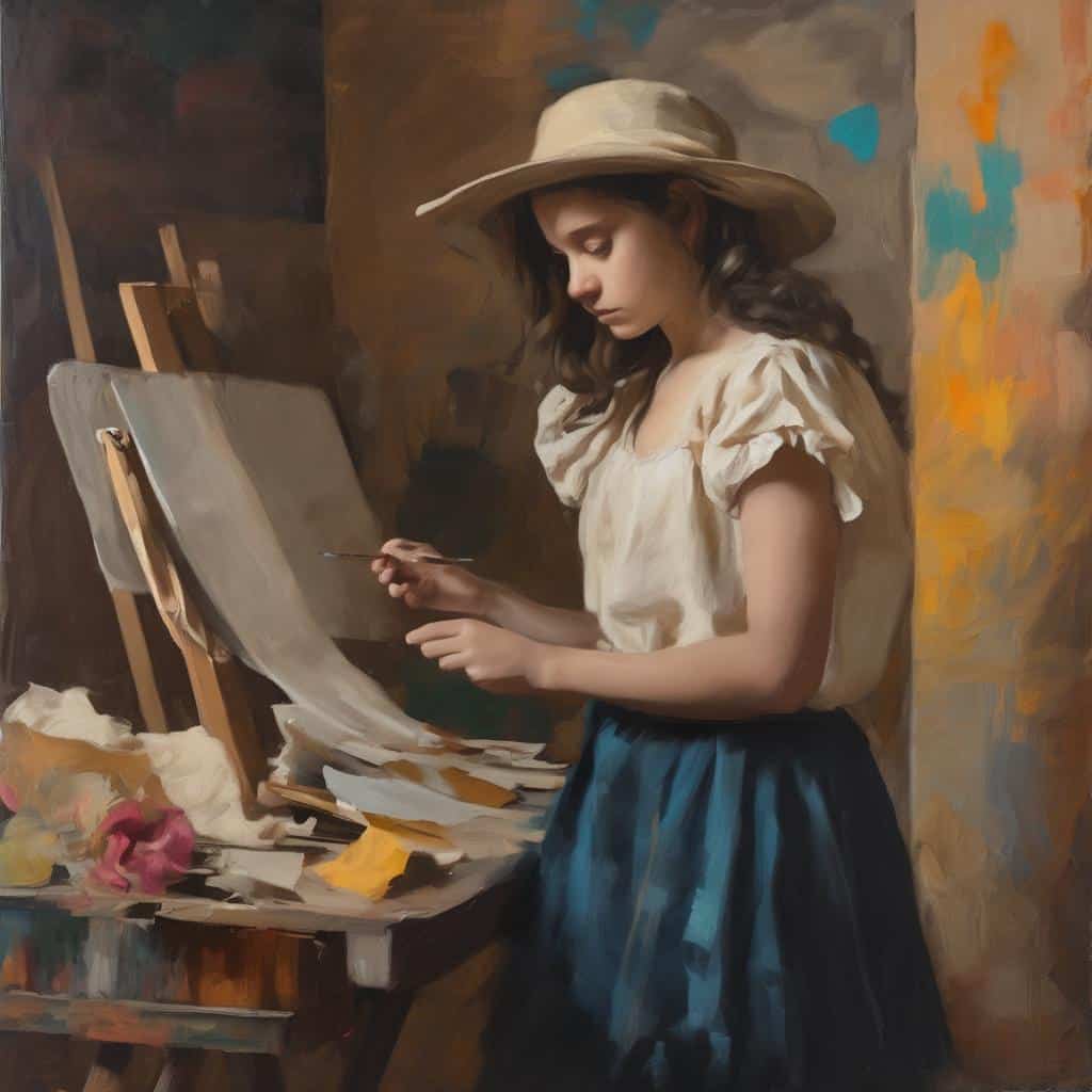 Γυναικεία ζωγράφος σε καμβά, δημιουργώντας τέχνη με ισορροπία και συγκέντρωση, εκφράζοντας τη σύνθεση ως πρακτική ισορροπίας.