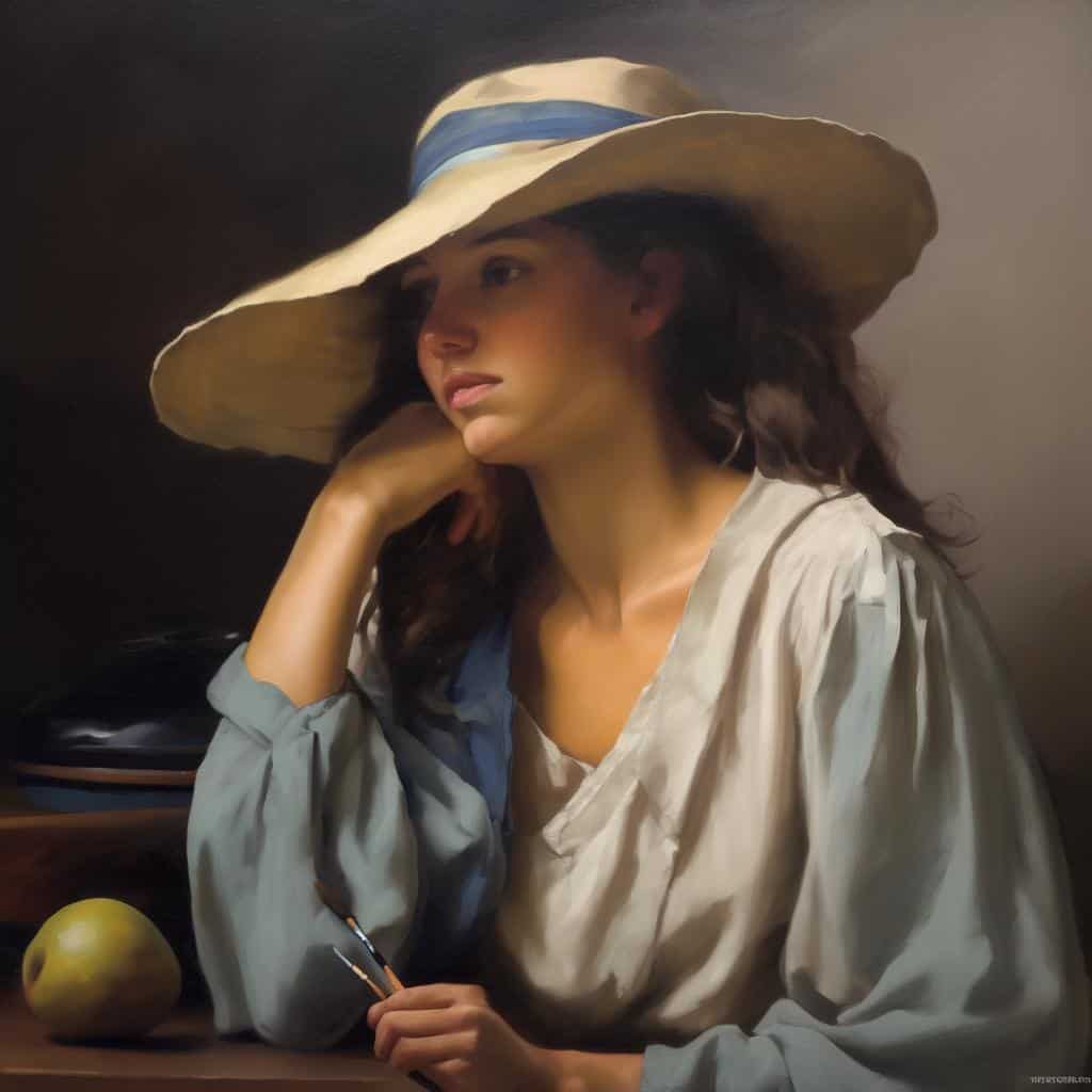 Έντυπη εικόνα γυναίκας με καπέλο και φούστα στη σύνθεση ως πράξη ισορροπίας.