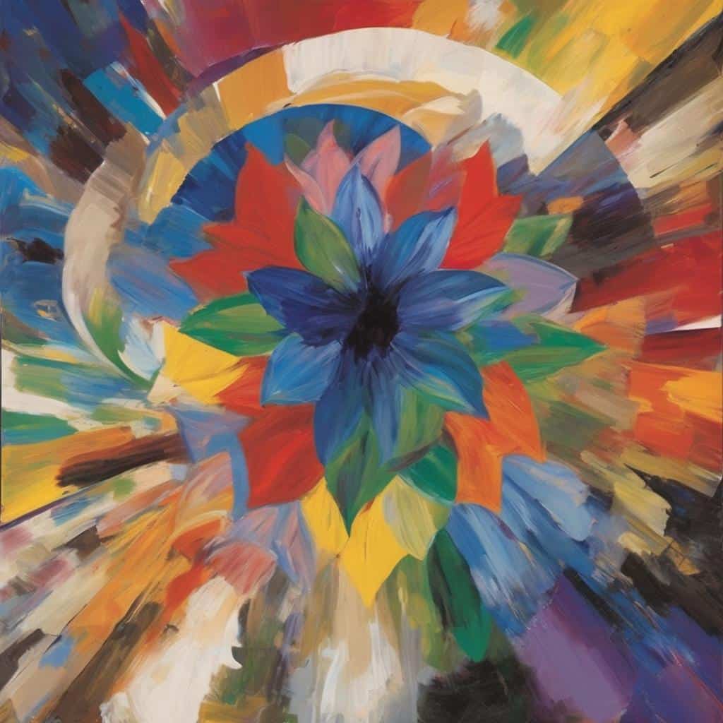 Ζωγραφική αφηρημένης τέχνης με πολύχρωμο μοτίβο και ισορροπία σε έντονες αποχρώσεις.