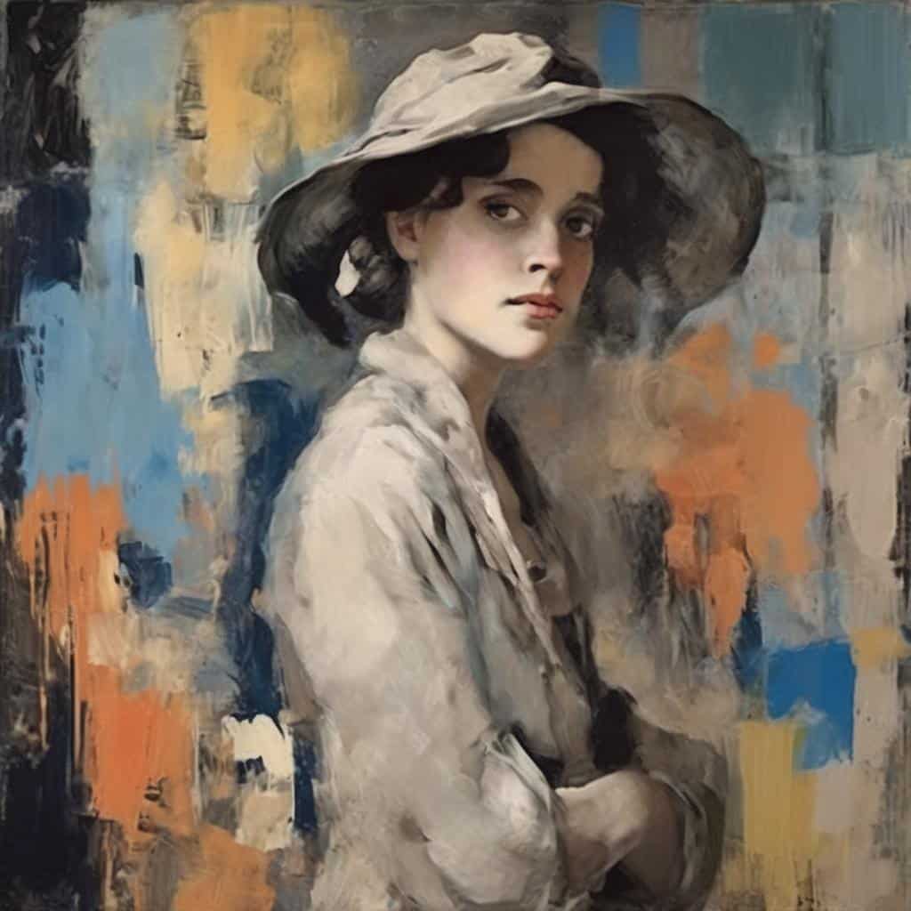 Φαίνετε μια νεαρή γυναίκα σε πίνακα τέχνης, με καπέλο και σοβαρή έκφραση, σε αριστοκρατική και καλλιτεχνική ατμόσφαιρα.