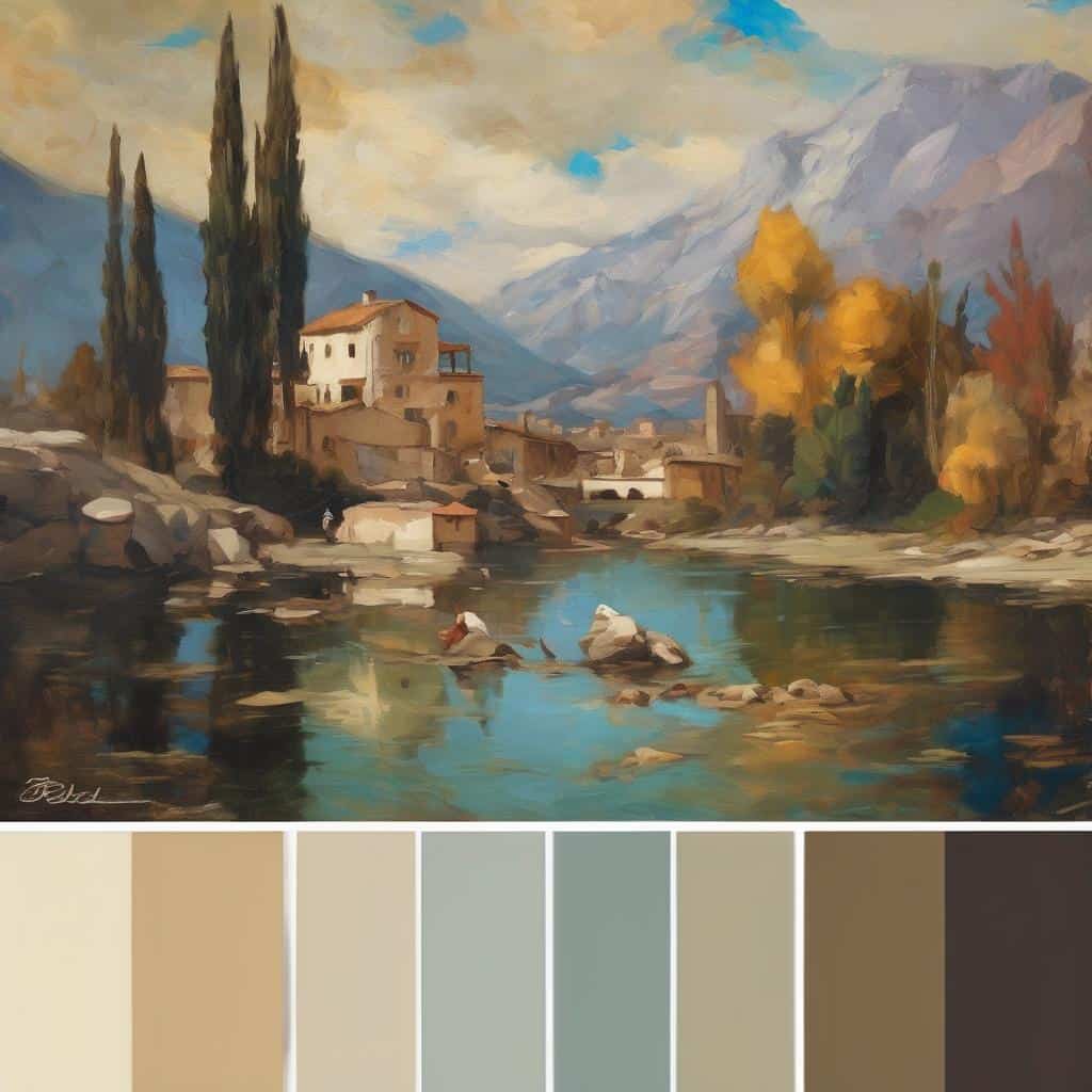 Ρυθμική σύνθεση τοπίου με αρμονικές αποχρώσεις και ισορροπία χρωμάτων, που αναδεικνύει την ομορφιά της φύσης και την τέχνη του θεατή.